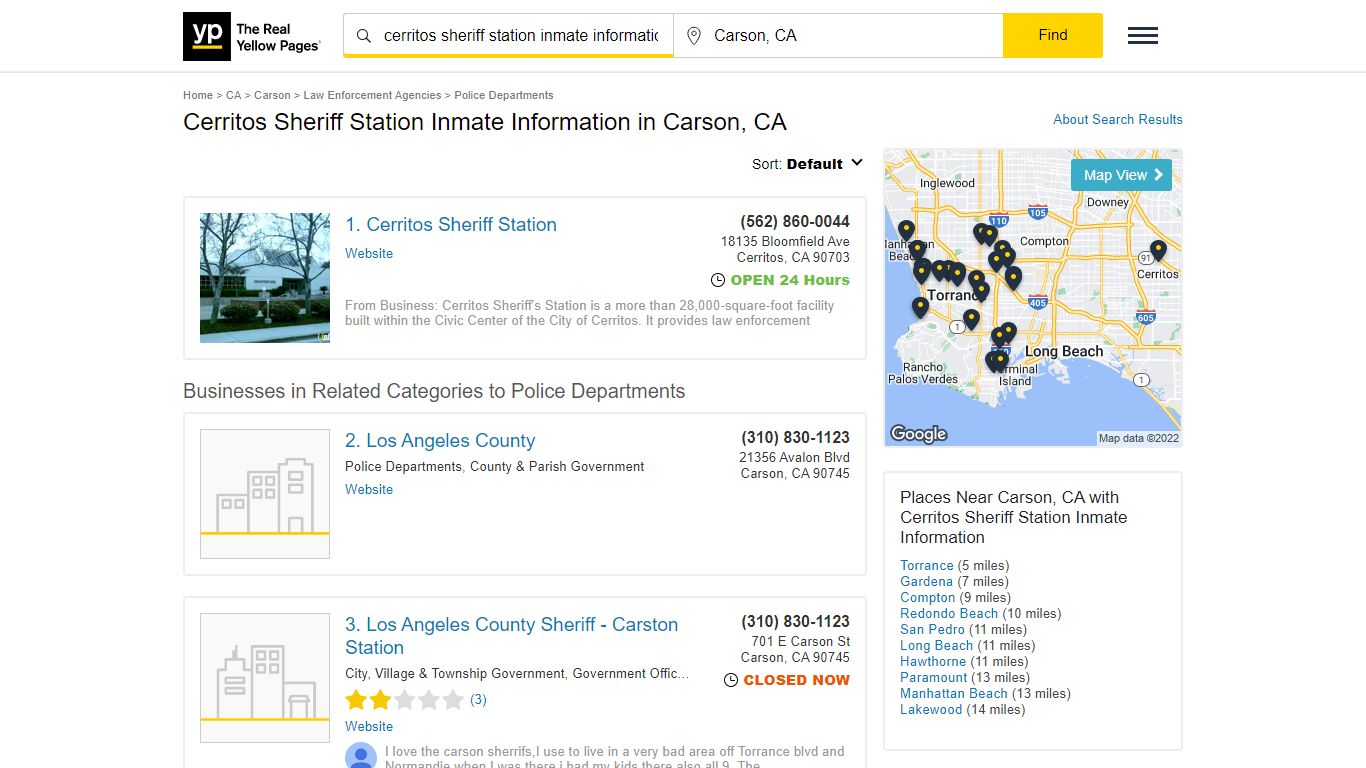 Cerritos Sheriff Station Inmate Information in Carson, CA